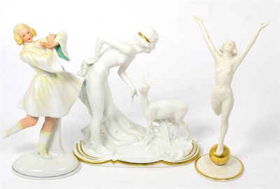 Lot 122 - A Schaubach Kunst Figural Group, modelled as a nude and a deer, white glaze with gilding,...