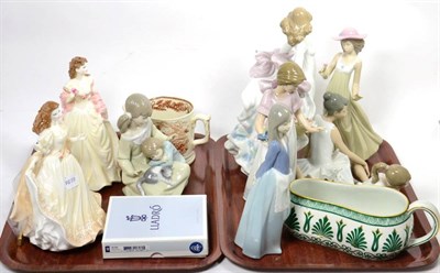 Lot 160 - Two Lladro china figures; a similar relief moulded plate and stand; five Nao china figures; two...