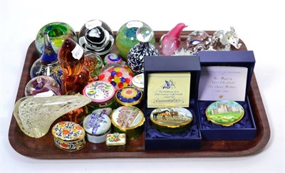 Lot 161 - A tray including Swarovski glass paperweights, china, enamel boxes etc