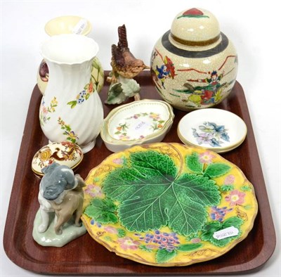Lot 169 - A Moorcroft pottery small vase; a Chinese crackleware ginger jar; a Wedgwood Majolica plate;...