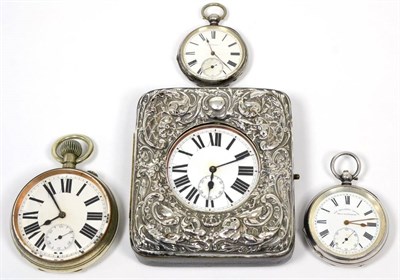 Lot 185 - A nickel plated travel watch contained in a silver mounted travelling case, two pocket watches with