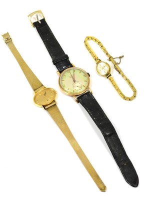 Lot 193 - A 9 carat gold Roamer wristwatch, a lady's Avalon wristwatch with case stamped 14K and a Girard...