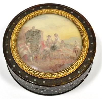 Lot 197 - Tortoiseshell and pique work patch/snuff box, the cover painted with figures and animals - TL...