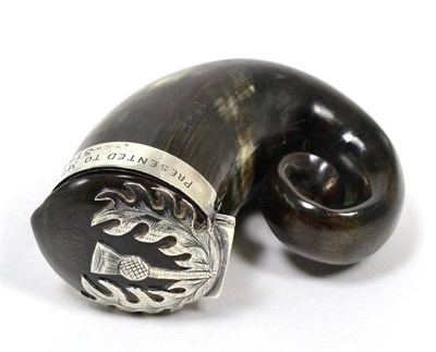 Lot 207 - A Scottish white metal mounted snuff mull, the hinged cover decorated with a thistle, inscribed...