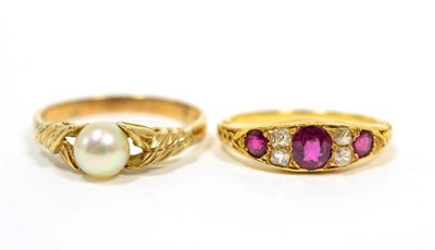 Lot 227 - A ruby and diamond ring, finger size K, 2.5g and a 9 carat gold cultured pearl ring, finger size P