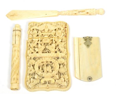 Lot 231 - A late 19th century Cantonese ivory card case (a.f.); two 20th century sewing items; and a...