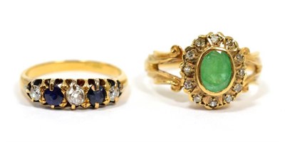 Lot 234 - A sapphire and diamond ring, finger size J1/2, 2.8g and a 9 carat gold emerald and diamond...