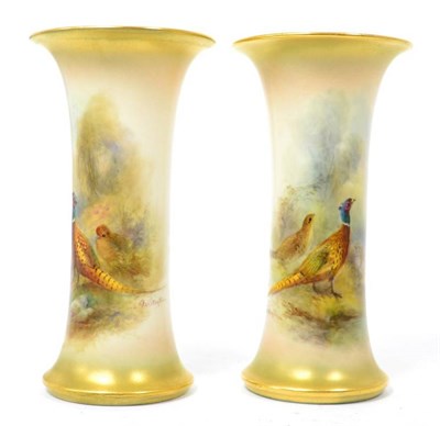 Lot 249 - A pair of Royal Worcester trumpet vases, by Jason Stinton, decorated with pheasants (2)