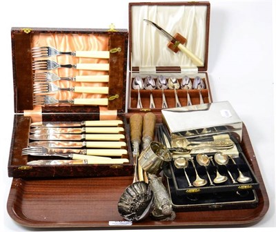 Lot 267 - Two cased sets of silver spoons; a silver purse; a silver cigarette box; a double scent; an 800...