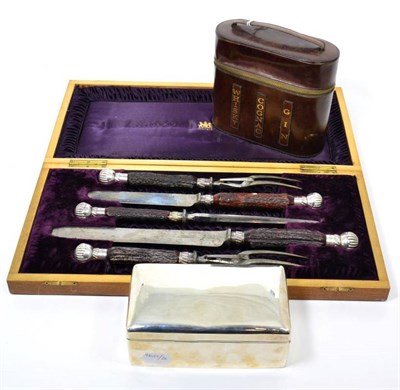 Lot 273 - A late Victorian silver table cigarette box, London 1898; a leather cased set of glass spirit...