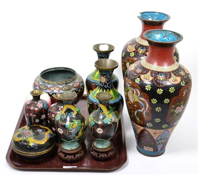 Lot 274 - A selection of cloisonne items consisting of a large pair of vases; three pairs of vases; a...