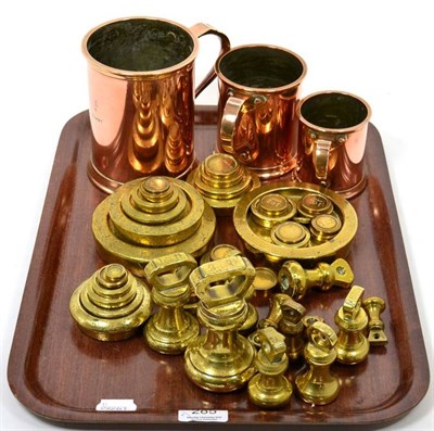 Lot 285 - A graduated set of three copper measures; together with a large quantity of part sets of brass...