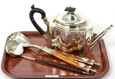 Lot 301 - A Georgian toddy ladle with baleen handle; a Georgian plated teapot; and a pair of salad servers