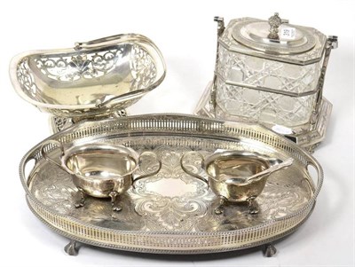 Lot 319 - A Victorian silver-plate and cut glass biscuit box, hobnail cut body with hinged lid, on stand with