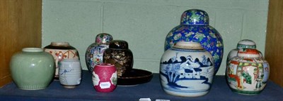 Lot 333 - A Chinese blue and white ginger jar; famille verte and other Chinese jars and covers; a celadon jar