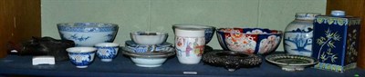 Lot 352 - A quantity of Chinese and Japanese porcelain to include blue and white; various hardwood...