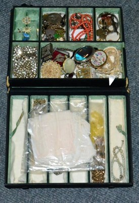 Lot 372 - Two hardstone fobs, a graduated coral bead necklace and costume jewellery, contained in a jewellery