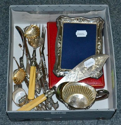 Lot 376 - A small collection of silver and plate including photograph frame; a semi fluted cream jug;...