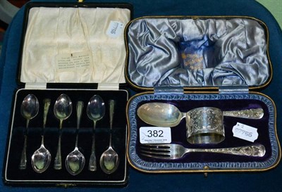 Lot 382 - A set of six silver coffee spoons, Chester marks, cased; together with a silver three piece...