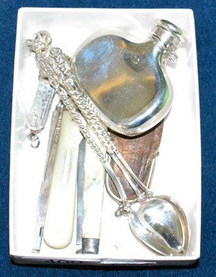 Lot 400 - Assorted silver and collectables, including a miniature silver hip flask, three eastern spoons,...