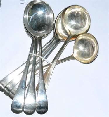 Lot 407 - A set of six silver old English pattern soup spoons, Atkin Bros, Sheffield 1914; and a pair of...