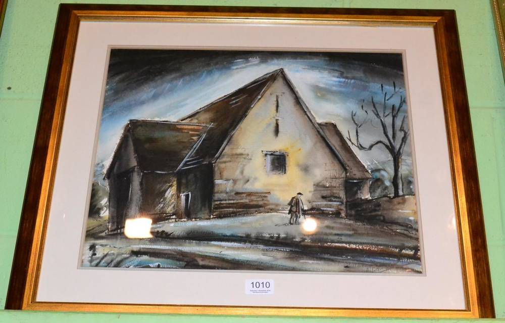 Lot 1010 - British School, figure by a barn, watercolour, indistinctly signed lower right