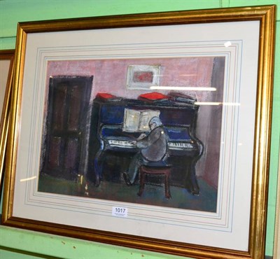 Lot 1017 - Circle of Theodore Major (20th/21st century) Figure playing the piano in an interior, pastel