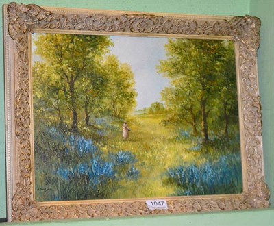 Lot 1047 - R Marshall, lady walking in a bluebell wood, signed, oil on panel; together with a companion