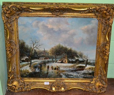 Lot 1053 - Dutch School (20th century) Village scene with skating, indistinctly signed, oil on canvas
