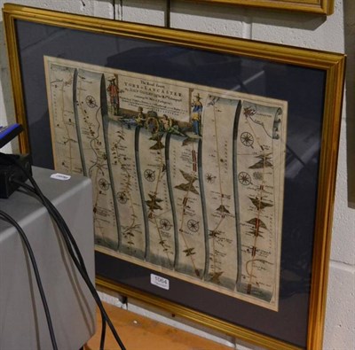 Lot 1064 - Ogilby (John) 'The Road from York to Lancaster', handcoloured map, framed and glazed, 36cm by 45cm