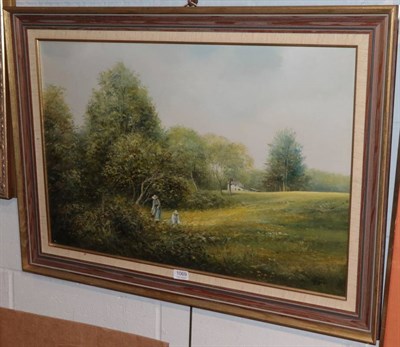 Lot 1069 - Edward 'Ted' Dyer (b.1940) Figures in a landscape, signed, oil on canvas