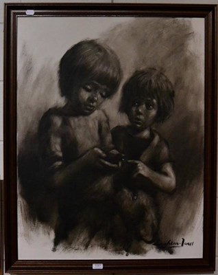 Lot 1081 - Barry Leighton Jones (1932-2011): Two children tending to an injured bird, acrylic on canvas,...