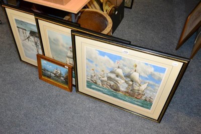 Lot 1099 - A large stoneware jardiniere; a set of three prints of shipping scenes; and a ceramic picture ''The