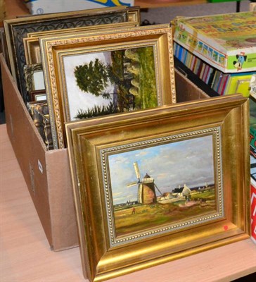 Lot 1104 - Manner of C F Daubigny, landscape with windmill and cottages, oil on board; together with a country