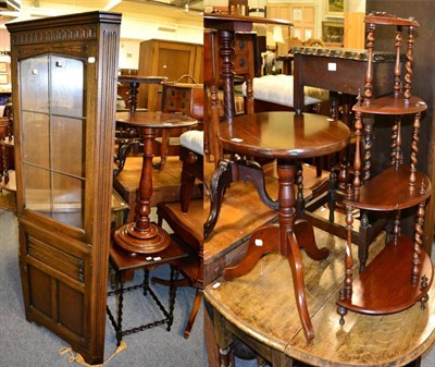 Lot 1135 - A reproduction oak corner cupboard; a mahogany circular side table; a small whatnot and three...