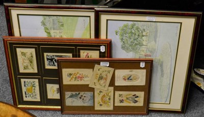 Lot 1158 - Two frames of embroidered war cards and a watercolour (3)