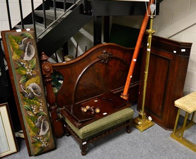 Lot 1159 - A mahogany headboard; a beadwork stool; a tray; a further stool; a corner cupboard; a curtain pole