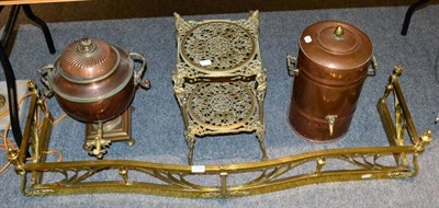 Lot 1184 - Two copper urns; an Art Nouveau brass fire curb; a standard lamp and a two tier stand