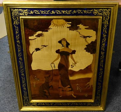 Lot 1191A - A marquetry panel of lady with a greyhound with painted decorative frame