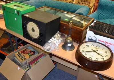 Lot 1194 - A 1940's Smiths electric wall clock; a school bell; Sound Sales radio and a sewing machine