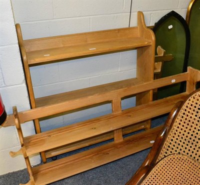 Lot 1214 - A set of oak hanging shelves; a similar pine example and three modern wall mirrors