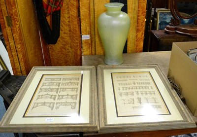 Lot 1217 - Two prints depicting architectural curtain headings and a large coloured glass vase