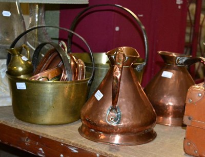 Lot 1230 - Three graduating brass jam pans; two copper measures; and other metal wares