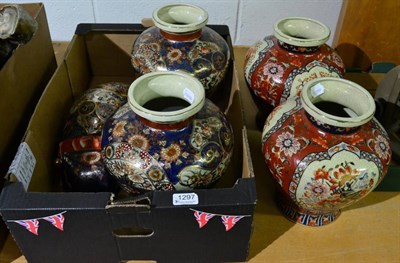 Lot 1297 - Two pairs of crackle glazed 20th century vases; and an Oriental ceramic cat