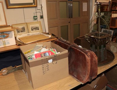 Lot 1304 - A secessionist style hanging hall lantern; a copper tray; maps; leather suitcase; fishing rod etc