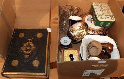 Lot 1322A - A Dresden circular box and cover; other ceramics and glass; a Victorian brass bound bible; a box of