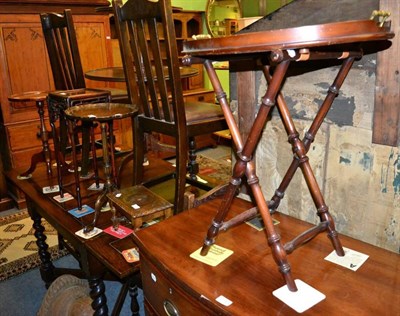 Lot 1349 - Two tripod wine tables; a mahogany tray on stand; an oak stool; a Chinese stand and a bracket (6)