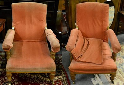 Lot 1416 - A pair of Victorian oak framed armchairs, with velvet loose covers