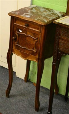 Lot 1470 - A matched pair of French bedside pot cupboards, marble topped, some damage (a.f.) (2)