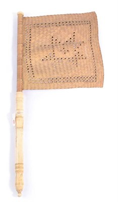 Lot 1 - A Flag Fan or Fixed Hand Screen with a Turned Bone Handle, the flag section made from plaited...